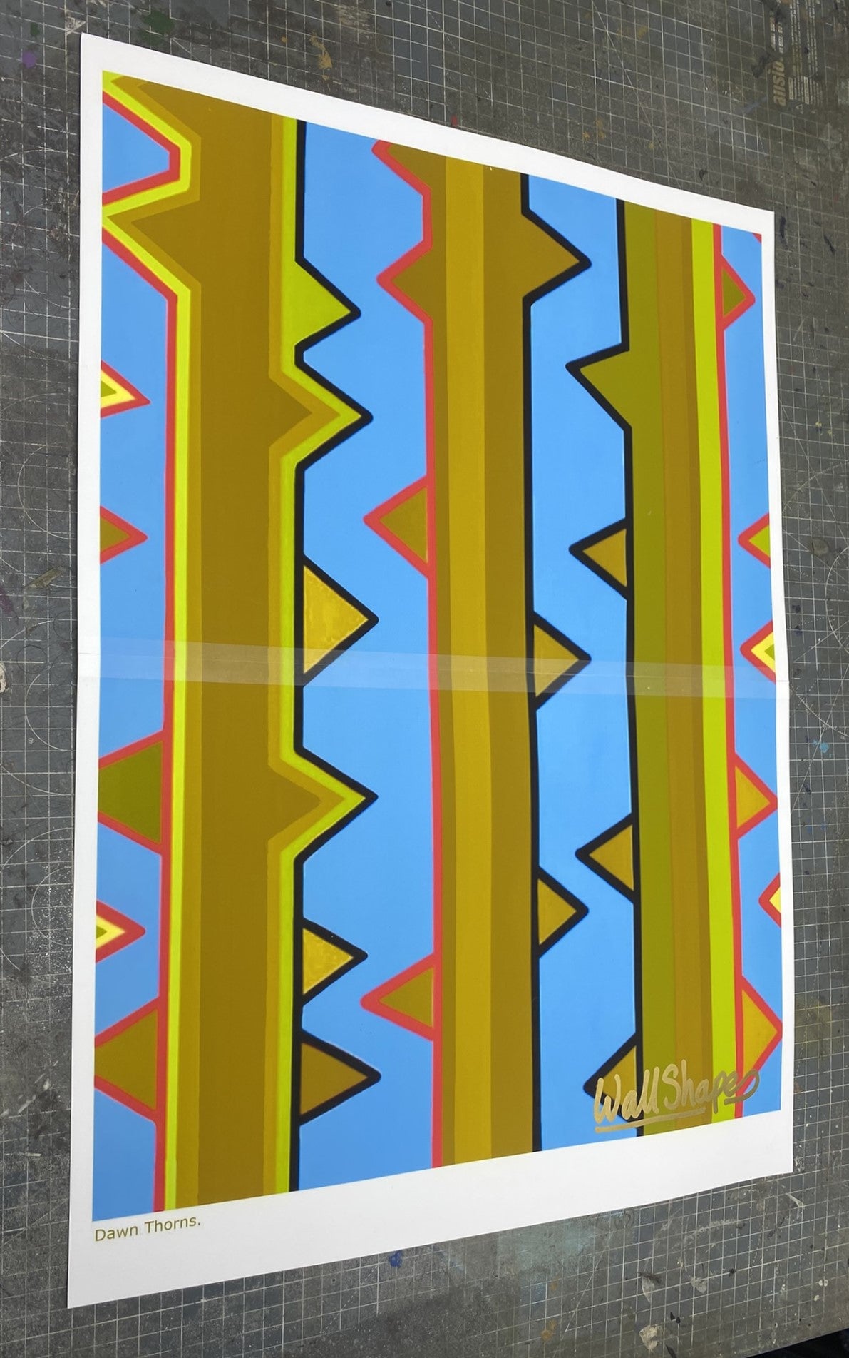 Colorful geometric patterned stencil print on a white background depicting rose stems with 'Dawn Thorns' title and 'WallShapes' signature.