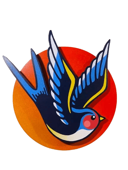 Spray-painted swallow wall art mounted on an orange disk sunset background, removable, handmade by WallShapes UK