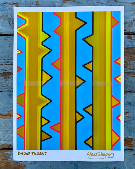 Colorful geometric patterned stencil print on a white background depicting rose stems with 'Dawn Thorns' and 'WallShape' branding.
