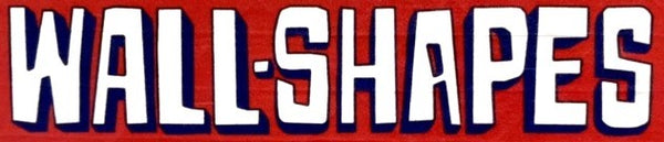 A close-up of bold white block letters outlined in dark blue, reading 'WALL-SHAPES' against a red textured background.