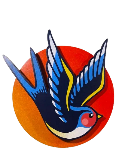 Spray-painted swallow wall art mounted on an orange disk sunset background, removable, handmade by WallShapes UK