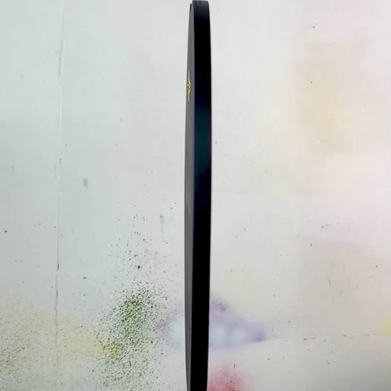 Video detailing a shaped spray painting called Vampires Kiss. Painting is spinning to show all sides including back hanging detail and WallShapes signature.
