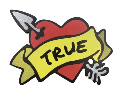 a tattoo-style graphic spray painting featuring a red heart pierced by a silver arrow, wrapped with a yellow banner that reads 'TRUE' in black letters, on a clear background.