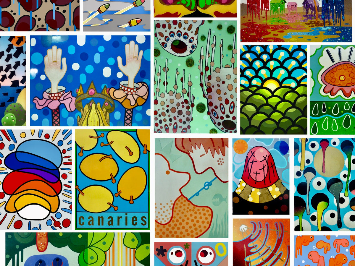 A vibrant collage of multiple colorful abstract spray paintings, featuring whimsical designs like canaries, hands, hills, and organic shapes in bright shades of blue, green, yellow, red, orange, and purple.